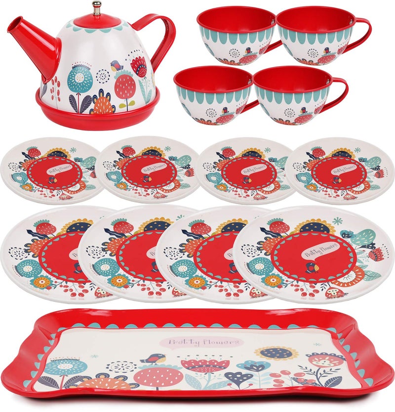 Kiddie Play Tea Set for Little Girls, Pretend Play Tea Party Set, Floral Design Kids Tin Tea Set with Carrying Case (15 Pcs) - Image 3